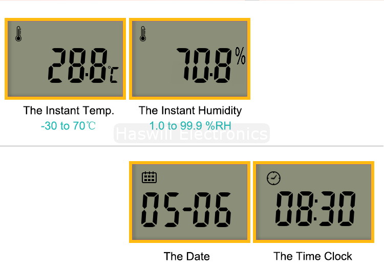 shows the instant temperature and humidity, the date and time will auto-update once insert into a PC with our free software